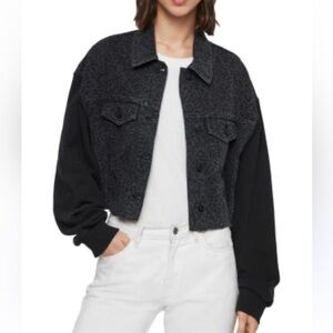 All Saints Anders Leo Mixed Media Cropped Denim Jacket in Washed Black Sz M/L